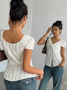 Siren Gaze Women's Solid Color Ruffle Top,Twisted Texture Front Slit Hem T-Shirt, Reversible Design,Beach For Woman,Concert Women,Boho Style,Cute Summer Tops - Apricot - View 6