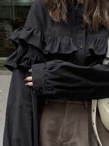 FRIFUL 女式荷叶边宽松圆领衬衫长袖上衣