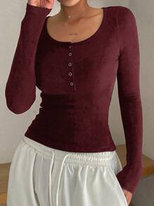 DAZY Women's Partial Buttons Up Collar Long Sleeve Fitted Undershirt,Fall Clothes,Back To School Clothes