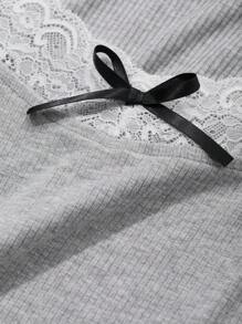 Dazy Petite Plus Plus Size Lace Patchwork Square Neck Fitted T-Shirt With Bow Decor, Gray, Spring/Summer/Autumn Long Sleeve Women Tops,Fall Women Clothes - Grey - View 9