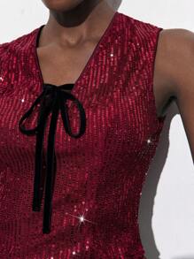 Maija Top corto de tirantes sin mangas con lazo decorado con lentejuelas, uso fashionable para fiestas en verano