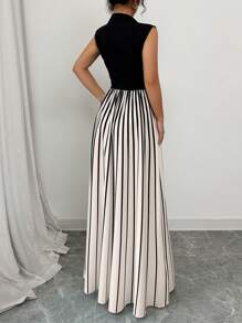 Elenzga Women Solid Color Halter Neck Sleeveless Top With Woven And Chiffon Draped Pleated Skirt