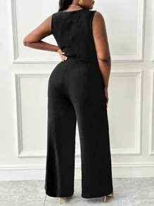 Slaydiva Plus Size Black Knitted Jumpsuit: Elegant V Neck, Sleeveless, Wrap Detail, And Long Length For A Chic Look - Black - View 2