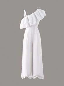 1pc Tween Girl Spring/Summer Double-Layer Organza Ruffle Trim Elegant Spaghetti Strap Jumpsuit - White - View 3