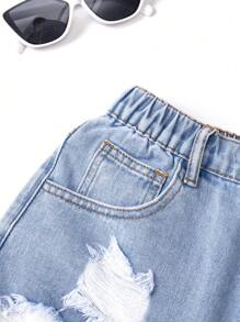 青少年女孩口袋破洞磨边休闲牛仔短裤 - 中等水洗藍 - 查看 4