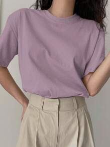 DAZY Solid Drop Shoulder Tee Summer,Business Casual Women - Mauve Purple - View 4