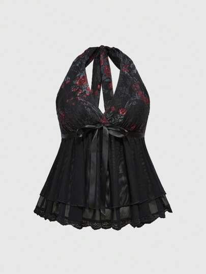 Fairycore Plus Size Retro Floral Lace Print Tie Neck Bowknot Tank Top