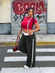 SHEIN ICON 大码休闲拼接条纹阔腿牛仔裤 - 深灰色 - 查看 6