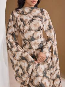 Veilorie Váy dài tay loe in họa tiết nhuộm loang thanh lịch theo phong cách Ả Rập cho nữ, kín đáo - Nhiều màu - Xem 1