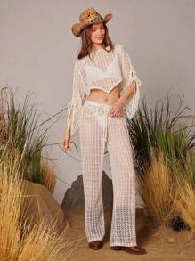 WESTFADE Pantalones transparentes con cintura de cordón en efecto crochet