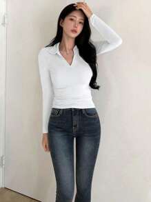 DAZY 女式纯色长袖休闲修身 Polo 领 T 恤，秋季夏季 - 白色 - 查看 2