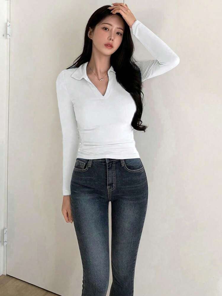 Women Solid Color Long Sleeve Casual Slim Fit Polo Neck T-Shirt, Autumn Summer