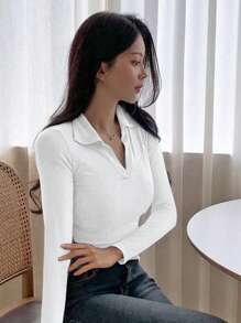 DAZY 女式纯色长袖休闲修身 Polo 领 T 恤，秋季夏季 - 白色 - 查看 4