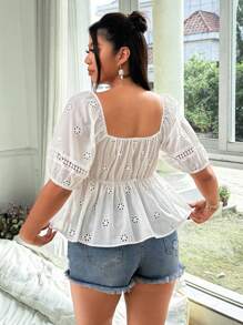 Flirla Plus Size Women Vacation Casual Solid Lace Embroidery Blouse