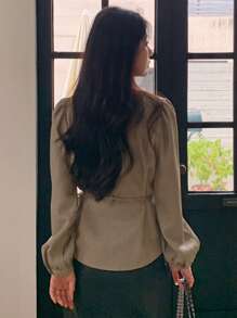 DAZY 女士纯色圆领泡泡袖通勤衬衫亚麻长袖上衣 - 棕色 - 查看 5