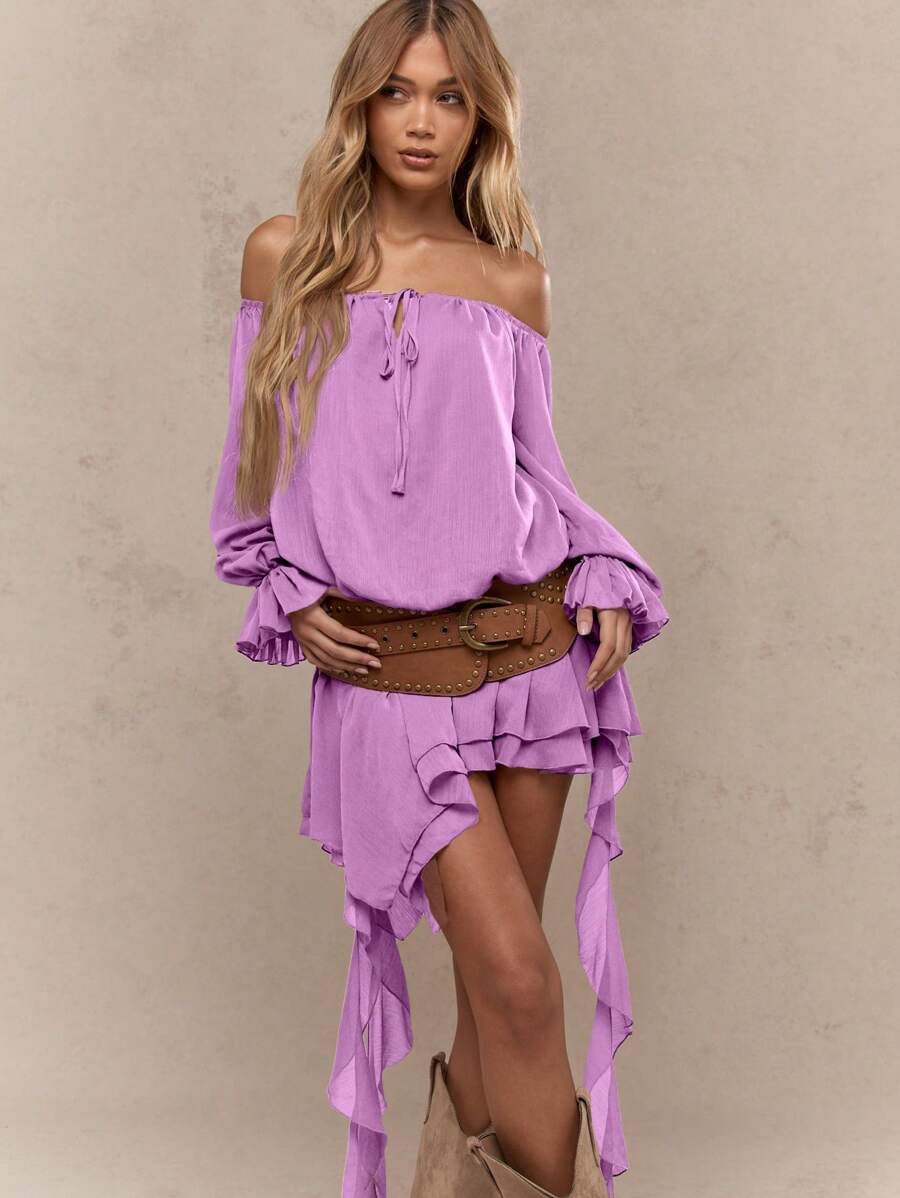 MISSGUIDED 露肩荷叶边下摆波西米亚风夏季迷你连衣裙，长袖巴多节飘逸设计连衣裙，适合春季假期穿着 - 紫丁香色 - 查看 1