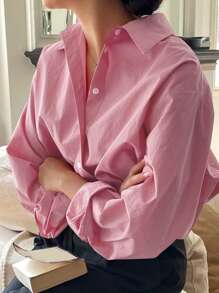 DAZY Áo sơ mi tay dài dáng rộng, đơn giản, màu trơn thời trang xuân hè dành cho nữ - Màu Hồng  Dưa hấu - Xem 5
