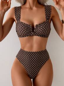 Swim Chiccia 女士优雅复古图案印花性感小 V 领宽肩带高腰收腹比基尼套装，夏季 - 咖啡棕 - 查看 5