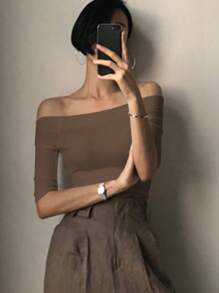 女士纯色露肩修身短袖黑色 T 恤，春夏 - 咖啡棕 - 查看 5