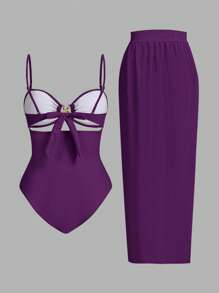 Swim Oasis 1pc Solid Color One-Piece Swimsuit For Women, Suitable For Beach Vacation In Summer - Purple - View 2
