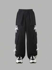 Tween 女童休闲时尚蝴蝶结阔腿工装裤 - 黑色 - 查看 1