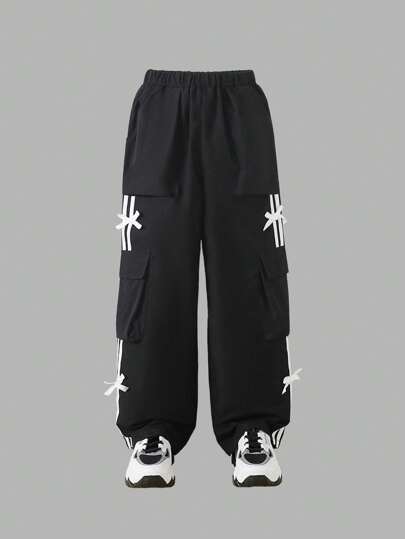 Tween 女童休闲时尚蝴蝶结阔腿工装裤