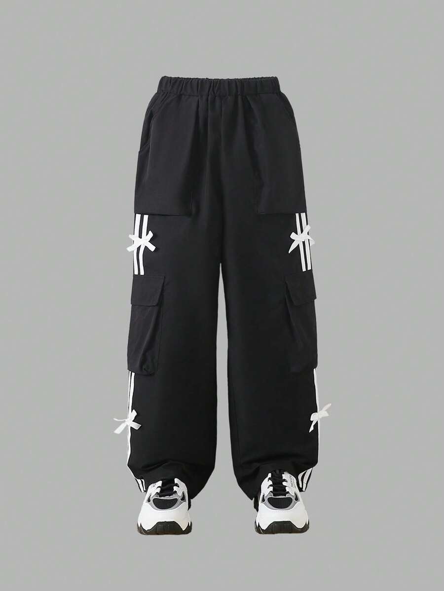 Tween 女童休闲时尚蝴蝶结阔腿工装裤 - 黑色 - 查看 1