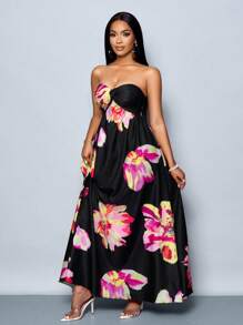 SOLERSUN 女士春夏花卉印花浪漫海滩度假褶皱荷叶边下摆抹胸长裙（随机花卉）