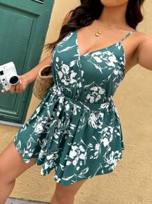 SHEIN VCAY Plus Size Floral Print Camisole Waist Tie Romper,Skorts For Women Rompers Floral Tropical Vacation Woman Clothes - Multicolor - View 4