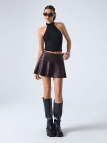 LYSMO 女士可调节孔眼扣设计时尚 PU 皮革短裙