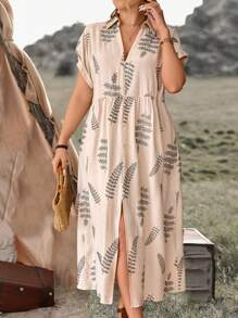 Ceyna Plus Size Boho Spring/Summer Vacation Casual Office Embroidered Shirt Collar Dropped Shoulder Long Dress With Button Decor - Apricot - View 4