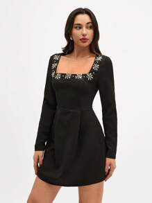 SHEIN Cottnline Rhinstone Embellishment Detailed Square Neck Long Sleeve Princess Shape Elegant Short Dress - Black - View 3