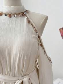 Sunnyshic Vestido largo elegante de línea A para playa con escote halter y cordones, vestido de lino cómodo para vacaciones