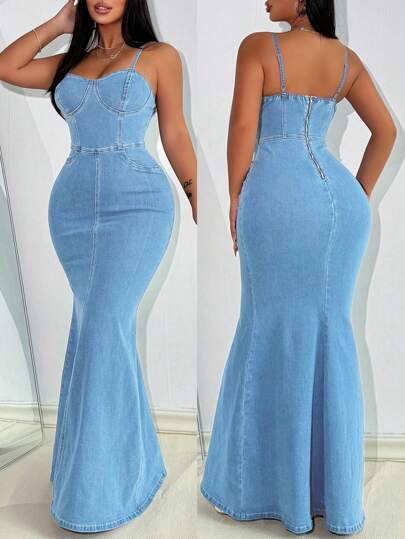 SHEIN Lady 女士性感修身牛仔吊带连衣裙，蓝色