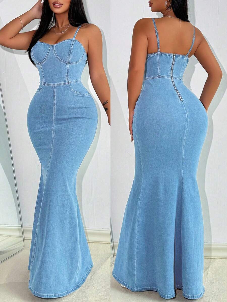 SHEIN Lady 女士性感修身牛仔吊带连衣裙，蓝色 - 淺色水洗藍 - 查看 1