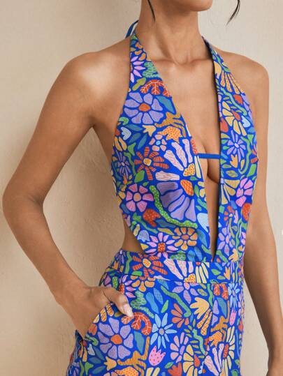 JIAN LASALA 女式蓝色连体裤波西米亚风露背无袖植物，全身印花，纹理图案露背，镂空，打结夏季女式服装夏季连体裤度假服装外出，女士海滩服装海滩度假服装欧洲夏季女式夏装