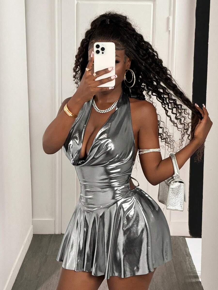 BamGleam 女士亮面垂领露背连身裤、紧身连体衣