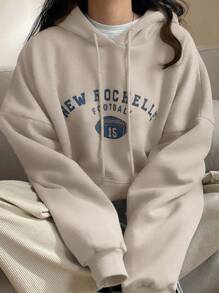 DAZY Letter Graphic Drop Shoulder Drawstring Hoodie,Long Sleeve Tops,Fall Women Clothes Sweatshirt - Apricot - View 6