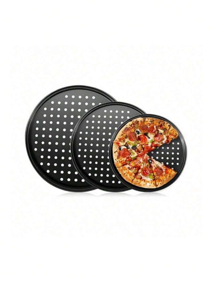 1pc Pizza Pan With Holes, Round Pizza Pan For Oven,9.65 Inch (About 24.5 Cm),11 Inch (About 27.9 Cm),12.6 Inch (About 32 Cm) Baking Pan, Non-Stick Baking Supplies Family Restaurant Kitchen Steel Fresh-Keeping Pizza Pan - Black - View 1
