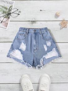 青少年女孩口袋破洞磨边休闲牛仔短裤 - 中等水洗藍 - 查看 1
