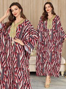 Al Najma Women Geometric Print Batwing Sleeve Loose Arabian Style Dress, Kaftan & Jalabiya - Multicolor - View 1