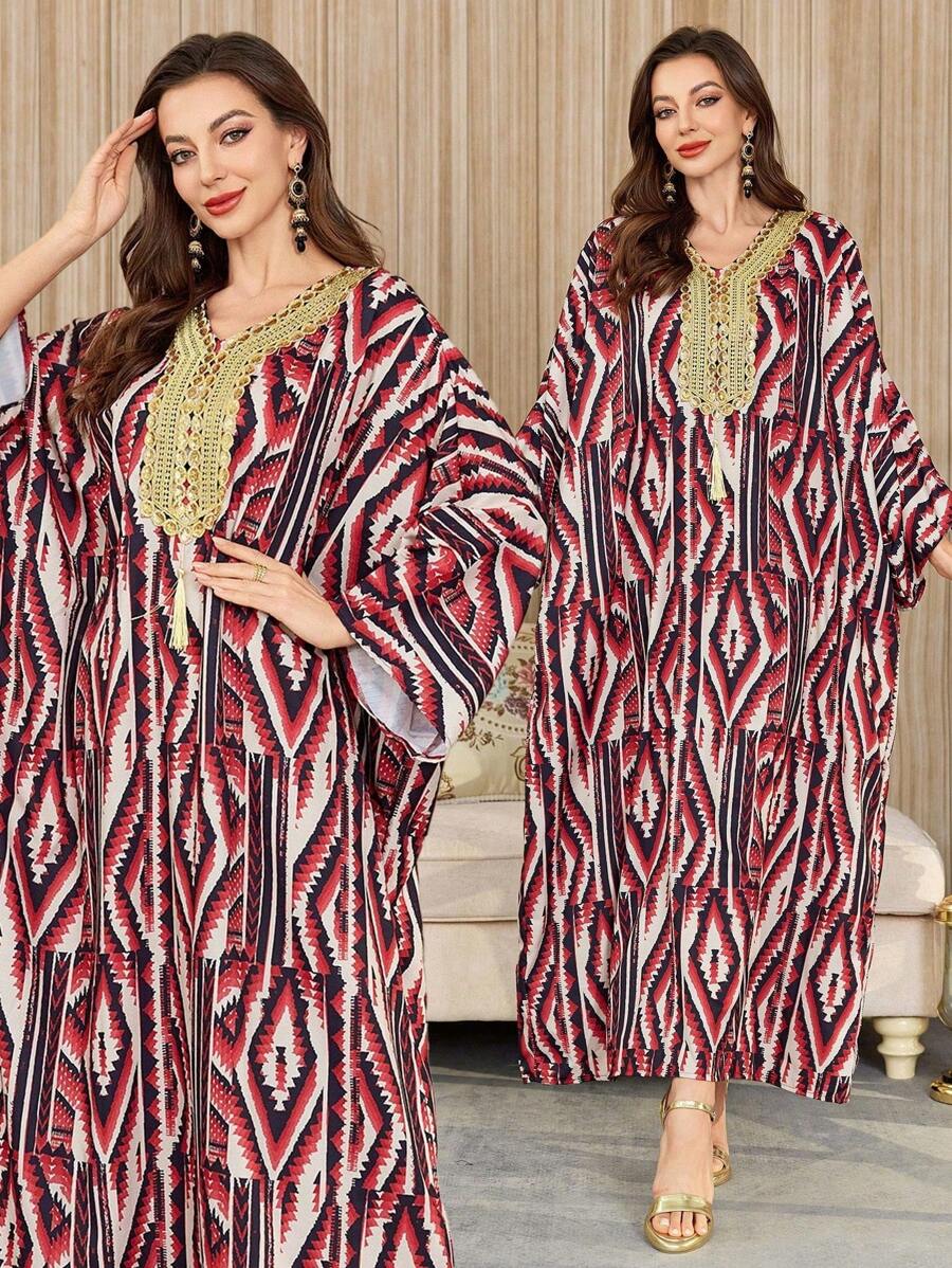 Al Najma Women Geometric Print Batwing Sleeve Loose Arabian Style Dress, Kaftan & Jalabiya - Multicolor - View 1