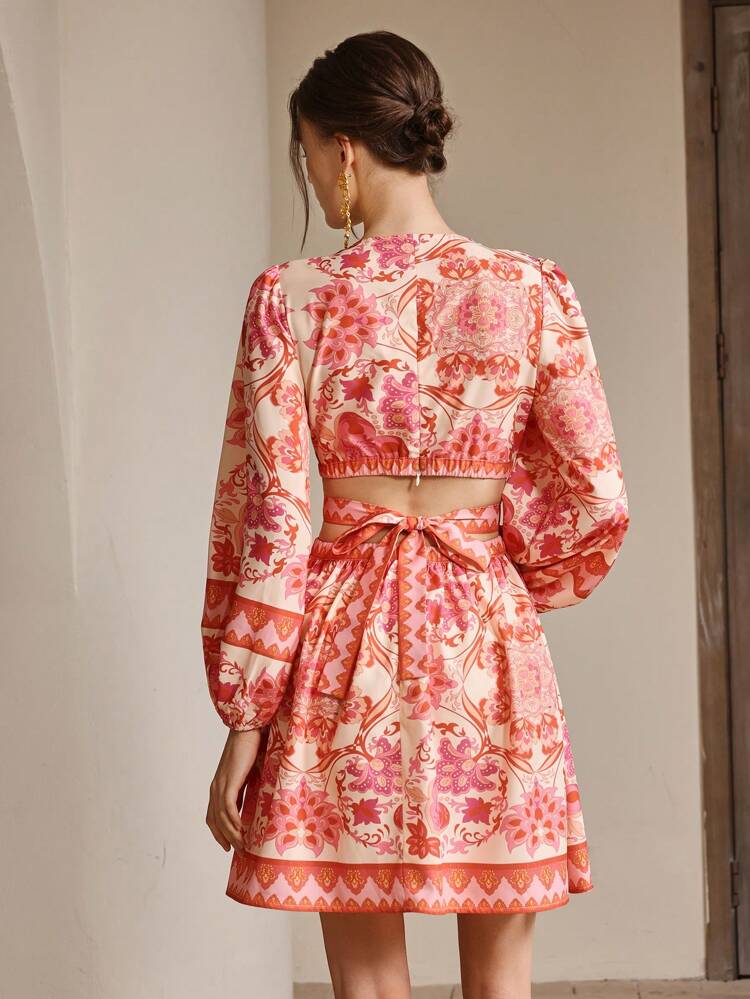 Beach, Vacation, Festival, Elegant Women's V-Neck Lantern Sleeve Lace Hollow-Out Design Waisted Printed Ruffle Hem Dress