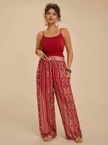 Travachic Set da spiaggia, composto da: top corto in stile vintage con stampa floreale geometrica e pantaloni larghi con tasche, per donne taglie forti, adatto per vacanza e uso casual