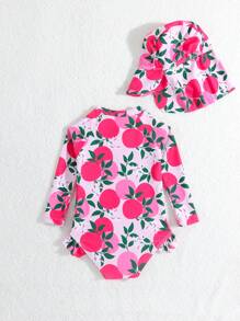 SHEIN Baby Girls Ruffled One-Piece Swimsuit With Random Print, Including Hat (Swimwear)