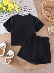 2 Stücke/Set Säugling/Kleinkind Mädchen Frühling/Sommer Lässig Modisch Süß Farbig 3D Blumen Dekor Weicher Strick Kurzarm Rundhals T-Shirt Top und Loose Shorts Outfit, 1-3 Jahre alt, Schwarz, Komfortabler Stylischer OOTD