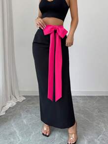 Elenzga Falda midi recta de cintura alta elegante con acento de lazo y contraste de color, versátil para el trabajo y el día a día