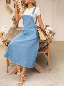 Breezaya Women's Pocketed Frayed Hem Casual Versatile Loose Denim Jumper Dress - Medium Wash - View 3