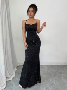 Elenzga Vestido de sirena con tirantes finos y espalda descubierta, con brillo y destellos, para ocasiones formales