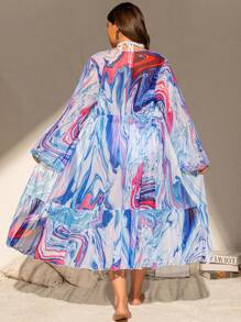 Swim Lushoire Plus Size Women's Printed Marble Pattern Long Sleeve Long Dress, Beach Cover-Up Essential For Summer - Blue - View 2